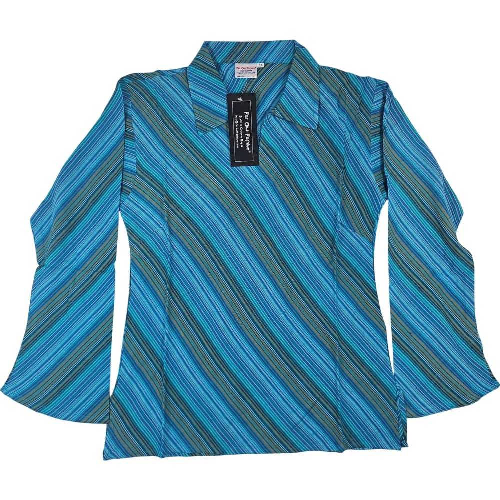 Far Out Fashion Womens Blue Striped Flare Bell Sleeve Retro Top‎ NWT Size M